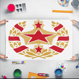 A mockup of the custom flag 'Khursashkija flag' held up on a table during print checking