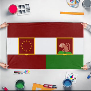 A mockup of the custom flag 'Alexandro-Ootica flag' held up on a table during print checking