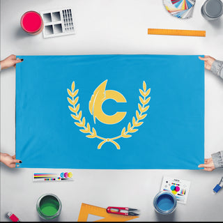 A mockup of the custom flag 'Center Club Sig Chi flag' held up on a table during print checking