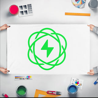 A mockup of the custom flag 'Uranix flag' held up on a table during print checking