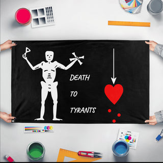 A mockup of the custom flag 'Bart Robert's Death flag' held up on a table during print checking