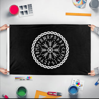 A mockup of the custom flag 'Viking Patrol Flag' held up on a table during print checking
