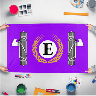 A mockup of the custom flag 'Edgerian Flag: Update flag' held up on a table during print checking