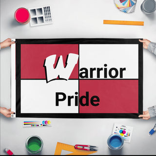 A mockup of the custom flag 'Warrior Pride flag' held up on a table during print checking