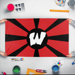 A mockup of the custom flag 'warrior sunburst flag' held up on a table during print checking