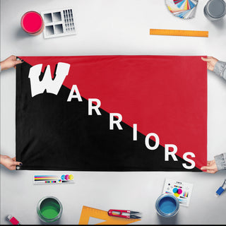 A mockup of the custom flag 'Warrior Diagonal  flag' held up on a table during print checking