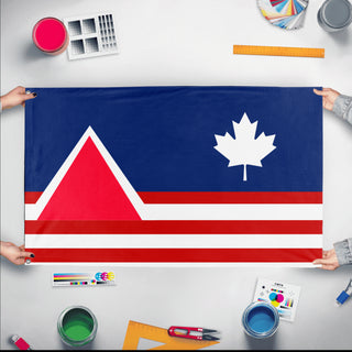 A mockup of the custom flag 'Republic of West Canada flag' held up on a table during print checking