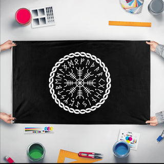 A mockup of the custom flag 'Viking Patrol  flag' held up on a table during print checking