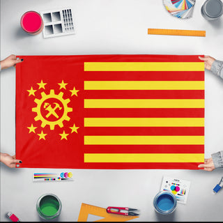 A mockup of the custom flag 'United Syndicates of America flag' held up on a table during print checking