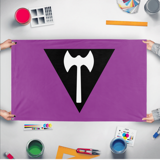 A mockup of the custom flag 'Labrys Flag' held up on a table during print checking