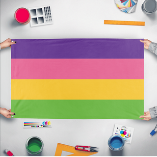 A mockup of the custom flag 'Lesbian 4 color flag' held up on a table during print checking