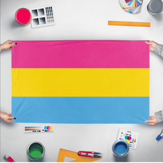 A mockup of the custom flag 'Pansexual Flag' held up on a table during print checking