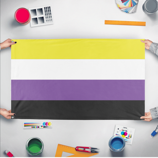 A mockup of the custom flag 'Nonbinary Flag' held up on a table during print checking