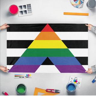 A mockup of the custom flag 'Straight Ally Flag' held up on a table during print checking
