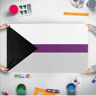A mockup of the custom flag 'Demisexual Flag' held up on a table during print checking