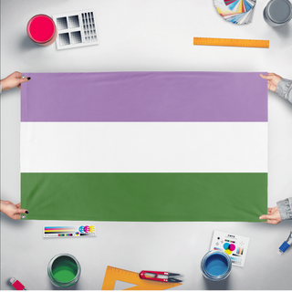 A mockup of the custom flag 'Genderqueer Flag' held up on a table during print checking