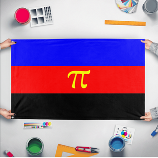 A mockup of the custom flag 'Polyamory Flag' held up on a table during print checking