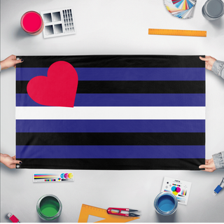 A mockup of the custom flag 'Leather flag' held up on a table during print checking