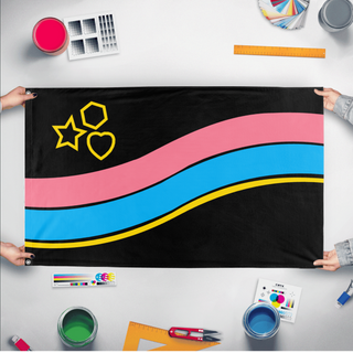 A mockup of the custom flag 'Latex flag' held up on a table during print checking