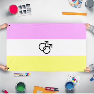 A mockup of the custom flag 'Twink Flag' held up on a table during print checking