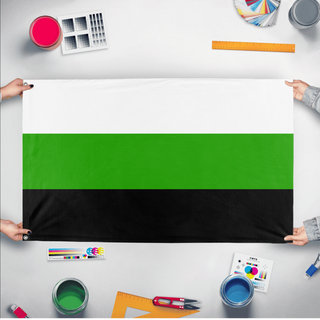 A mockup of the custom flag 'Neutrios Flag' held up on a table during print checking