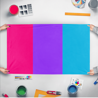 A mockup of the custom flag 'Androgyne Flag' held up on a table during print checking