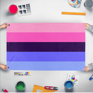 A mockup of the custom flag 'Omnisexual Flag' held up on a table during print checking
