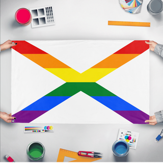 A mockup of the custom flag 'Alabama Pride Flag' held up on a table during print checking