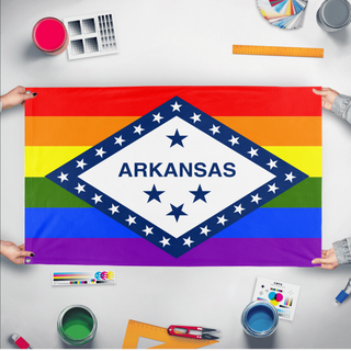 A mockup of the custom flag 'Arkansas Pride Flag' held up on a table during print checking