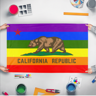 A mockup of the custom flag 'California Pride Flag' held up on a table during print checking