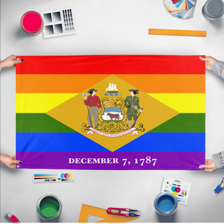 A mockup of the custom flag 'Delaware Pride Flag' held up on a table during print checking