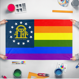 A mockup of the custom flag 'Georgia Pride Flag' held up on a table during print checking