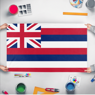 A mockup of the custom flag 'Hawaii Pride Flag' held up on a table during print checking
