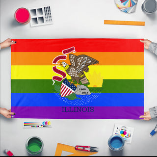 A mockup of the custom flag 'Illinois Pride Flag' held up on a table during print checking