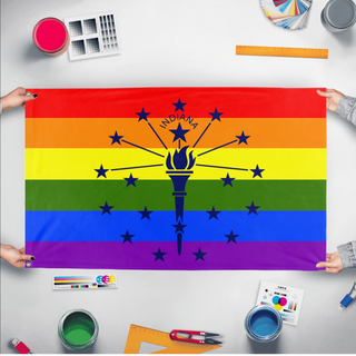 A mockup of the custom flag 'Indiana Pride Flag' held up on a table during print checking