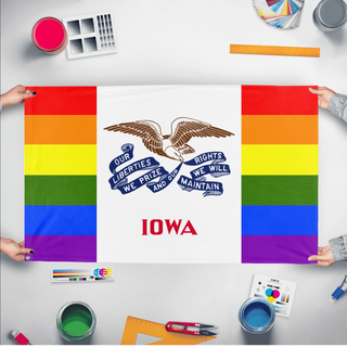 A mockup of the custom flag 'Iowa Pride Flag' held up on a table during print checking