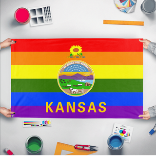 A mockup of the custom flag 'Kansas Pride Flag' held up on a table during print checking