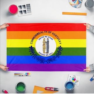 A mockup of the custom flag 'Kentucky Pride Flag' held up on a table during print checking