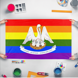 A mockup of the custom flag 'Louisiana Pride Flag' held up on a table during print checking