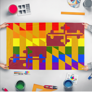 A mockup of the custom flag 'Maryland Pride Flag' held up on a table during print checking