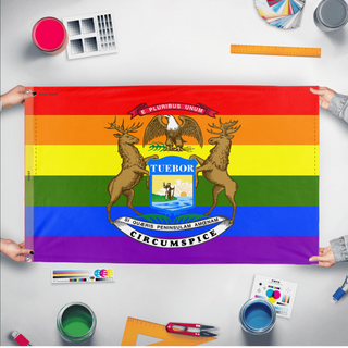 A mockup of the custom flag 'Michigan Pride Flag' held up on a table during print checking