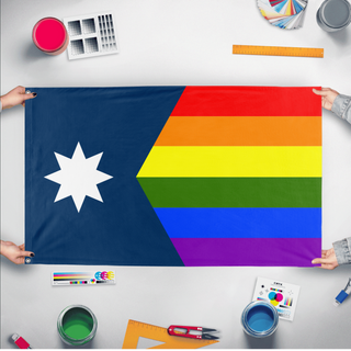 A mockup of the custom flag 'Minnesota Pride Flag' held up on a table during print checking