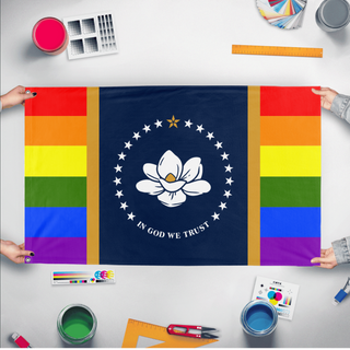 A mockup of the custom flag 'Mississippi Pride Flag' held up on a table during print checking