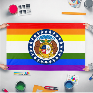 A mockup of the custom flag 'Missouri Pride Flag' held up on a table during print checking