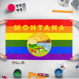 A mockup of the custom flag 'Montana Pride Flag' held up on a table during print checking