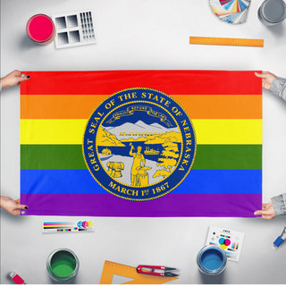A mockup of the custom flag 'Nebraska Pride Flag' held up on a table during print checking