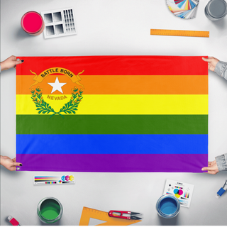 A mockup of the custom flag 'Nevada Pride Flag' held up on a table during print checking
