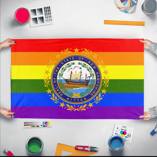 A mockup of the custom flag 'New Hampshire Pride Flag' held up on a table during print checking