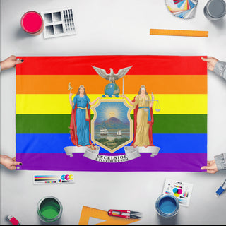 A mockup of the custom flag 'New York Pride Flag' held up on a table during print checking