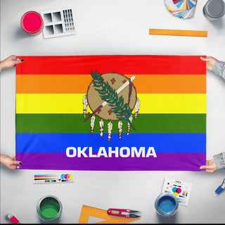 A mockup of the custom flag 'Oklahoma Pride Flag' held up on a table during print checking